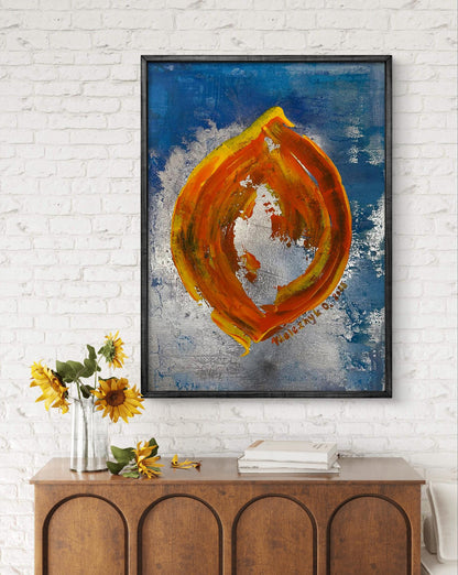 Vibrant Delicious Life acrylic painting by Olga Melezhik, orange swirls on blue