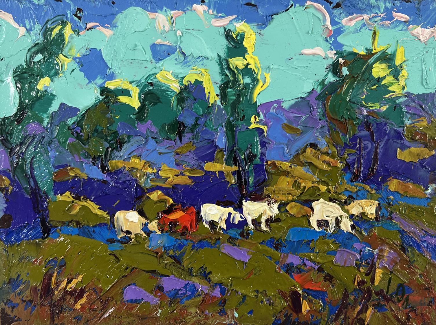 Vibrant impressionist oil painting by Oleksiy Ivanyuk: white and red cows in evening light landscape