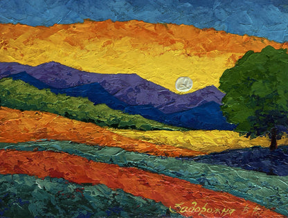 Vibrant oil painting of blue mountains, yellow sunset and textured fields by V. Zadorozhnya