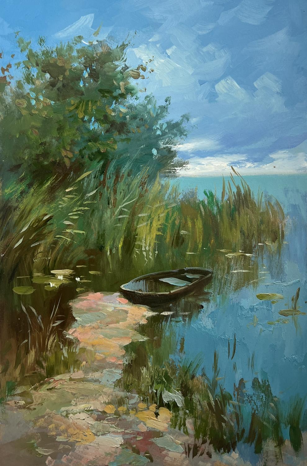 Oil painting of sunny warm day by river with rowboat by Yuriy Suprunchuk