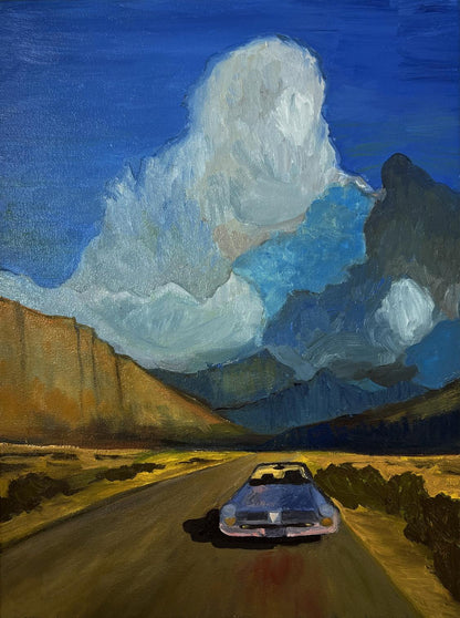 Oil painting of blue vintage car on desert road under massive clouds, Journey to the Mountains