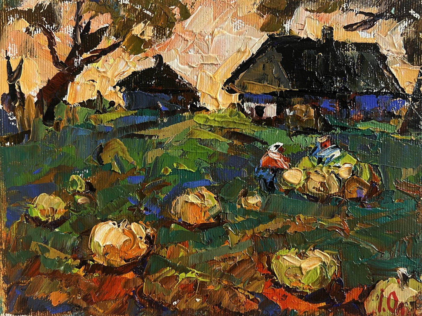 Vibrant impressionist oil painting by Oleksiy Ivanyuk of autumn pumpkin fields
