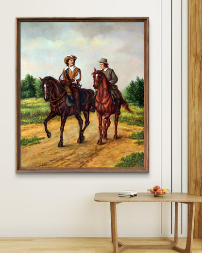 Framed oil painting Provincial air Valeriy Bulat, two horsemen in pastoral landscape
