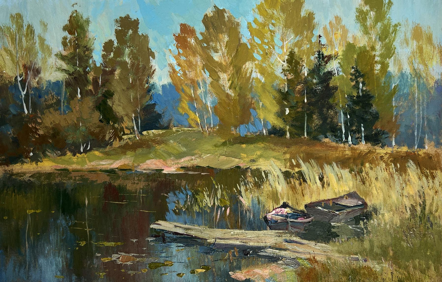 Oil painting by Yuriy Suprunchuk: autumnal dock, boats, forest reflection in pond