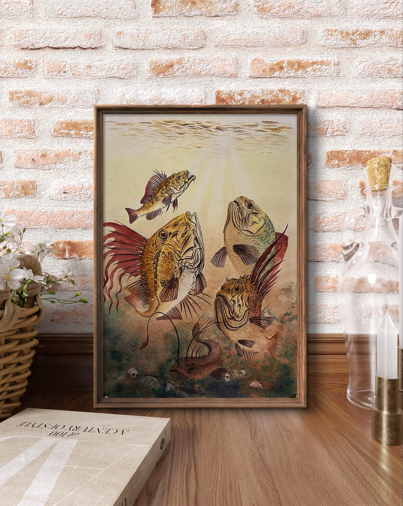Framed vintage watercolor of predatory fish by Dmytro Startsev