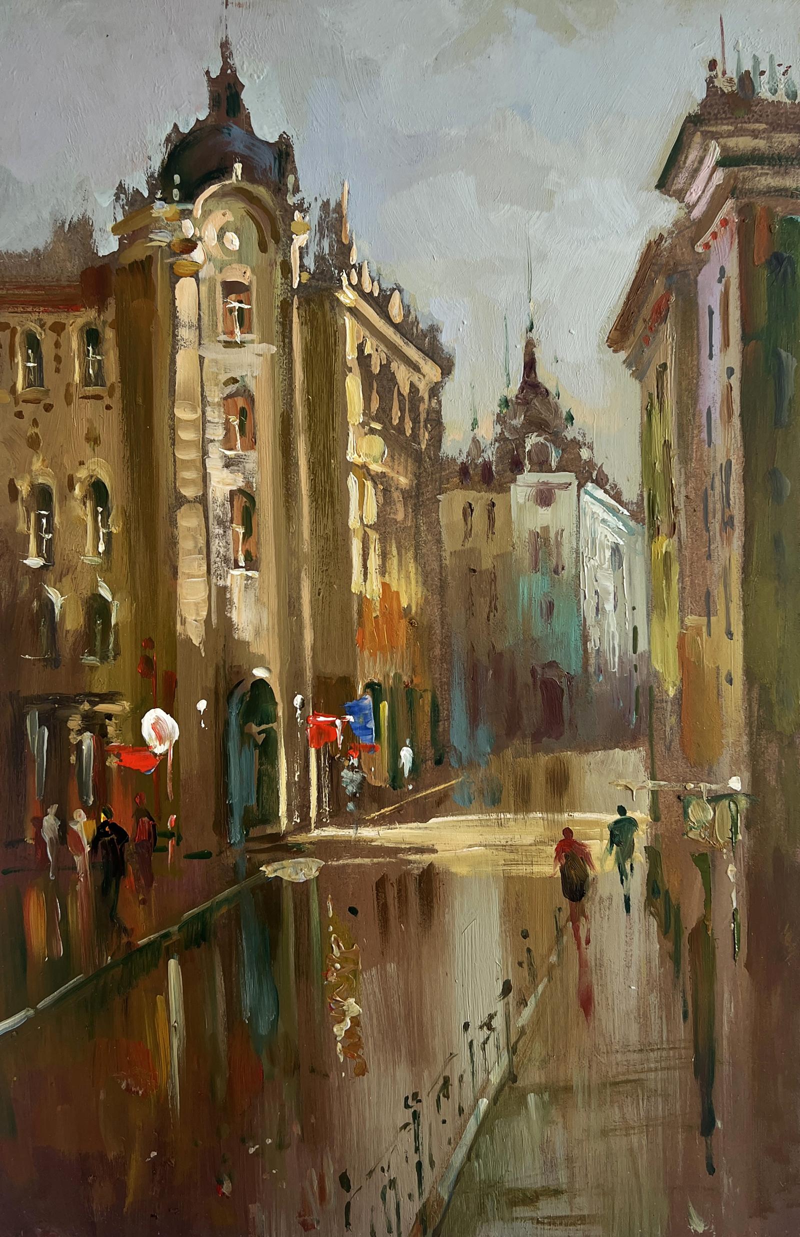 Impressionistic oil painting of rainy old town street by Yuriy Suprunchuk