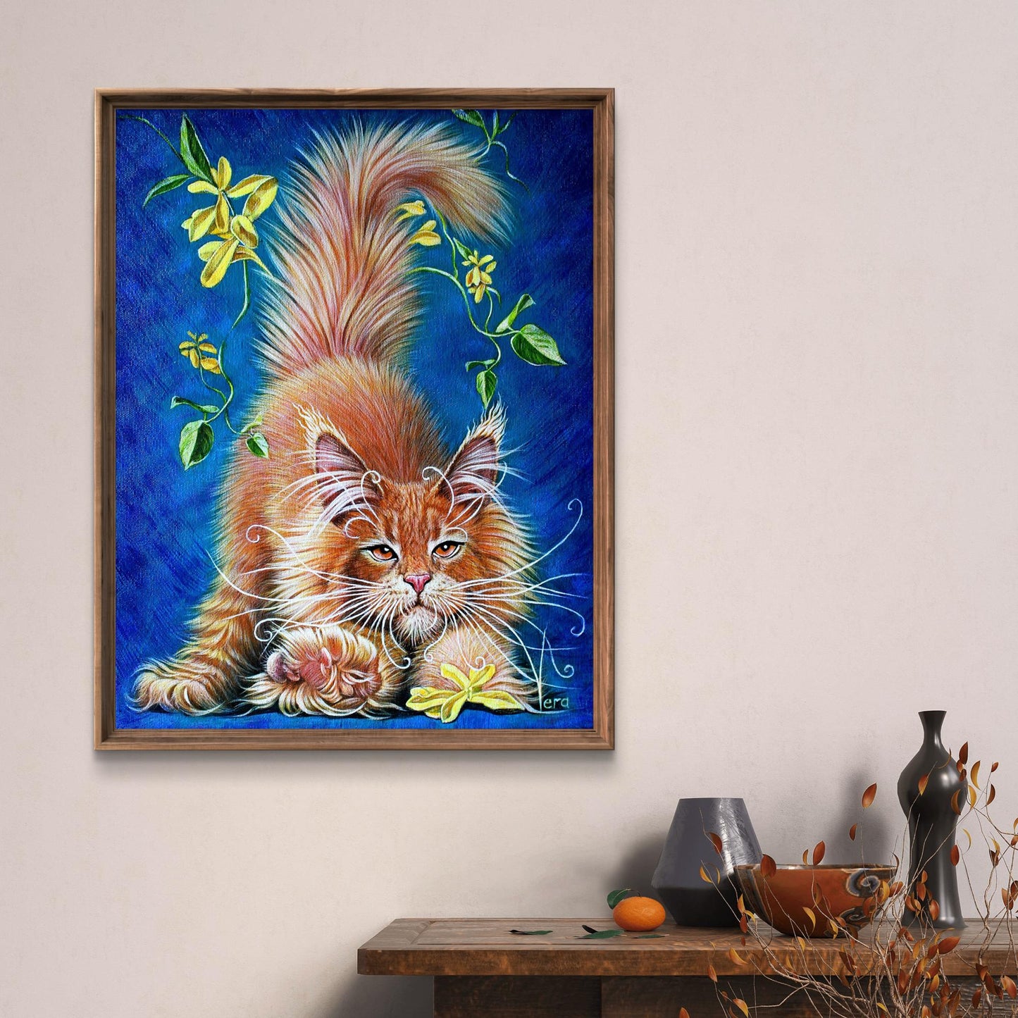 Framed oil painting Lapusic sorcerer by Vira Goncharenko: fluffy orange cat with yellow flowers on deep blue background