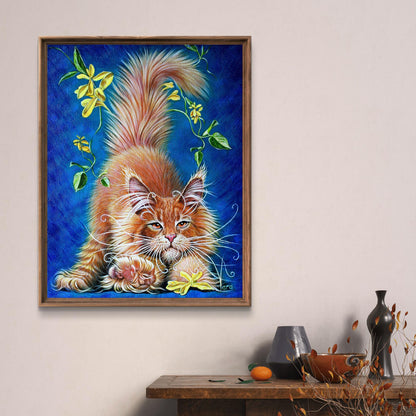 Framed oil painting Lapusic sorcerer by Vira Goncharenko: fluffy orange cat with yellow flowers on deep blue background