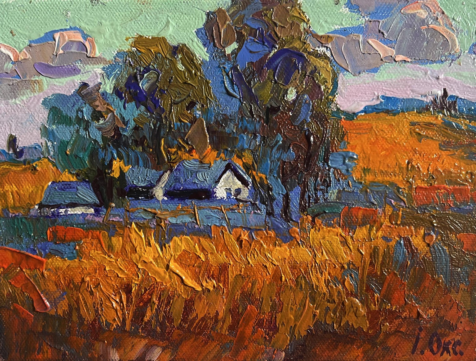 Vibrant impressionist oil painting Autumn village evening by Oksana Ivanyuk