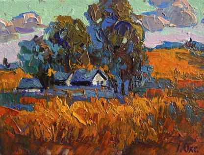 Vibrant impressionist oil painting Autumn village evening by Oksana Ivanyuk