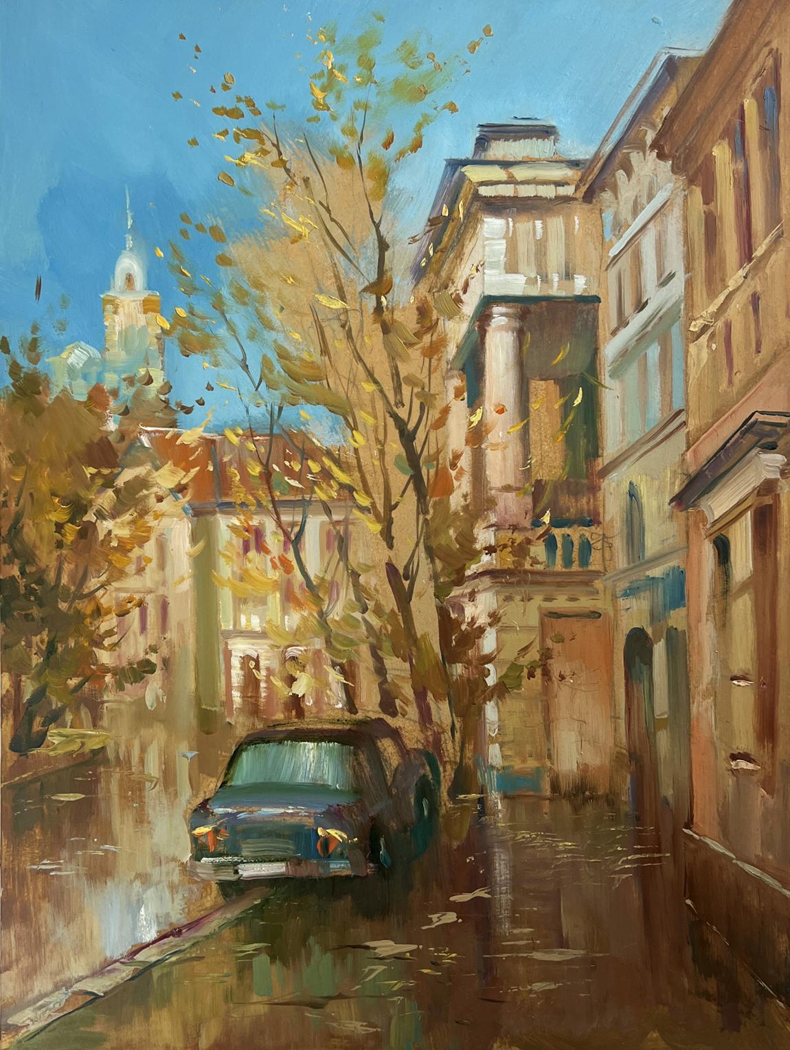 Oil painting Autumn in the Old Quarter by Yuriy Suprunchuk: vintage teal sedan on wet cobblestone street