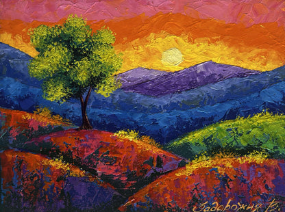 Vibrant oil painting by V. Zadorozhnya: green tree on colorful hills at sunset