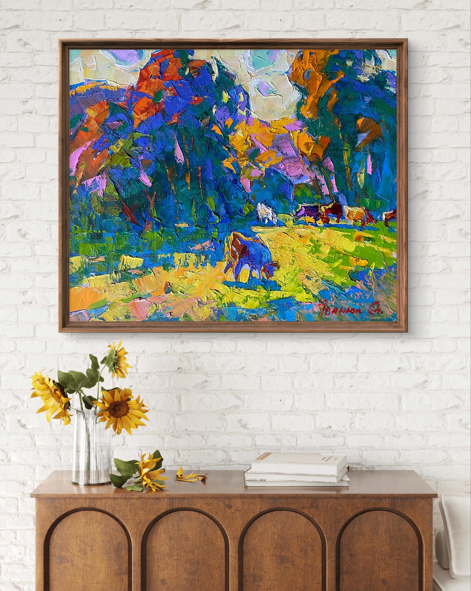 Vibrant impressionist oil painting On the edge of the forest by Oleksiy Ivanyuk with cows in colorful field, framed