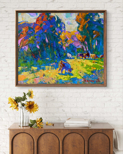 Vibrant impressionist oil painting On the edge of the forest by Oleksiy Ivanyuk with cows in colorful field, framed