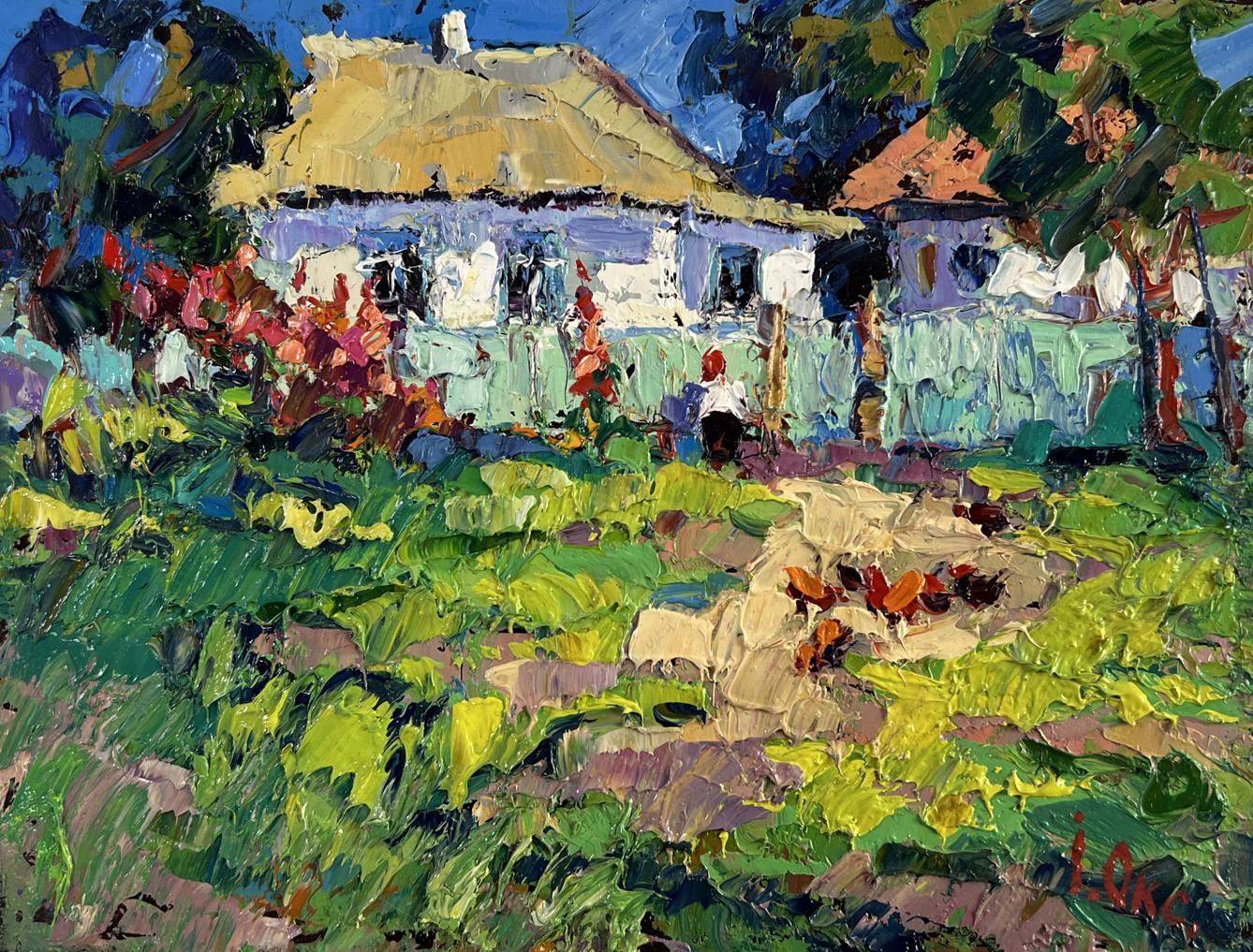 Vibrant impressionist oil painting of Oksana Ivanyuk house in village with thatched roof