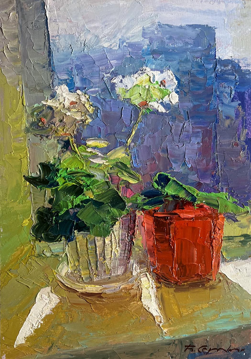 Oil painting by Boris Serdyuk: red pot with green leaves and white flowers