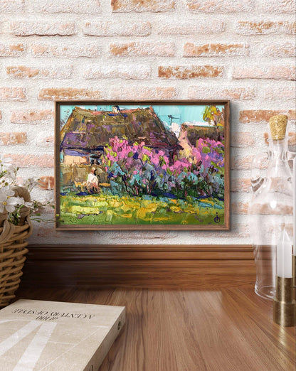 Oil painting Blooming garden by Oksana Ivanyuk: vibrant impressionist cottage in frame