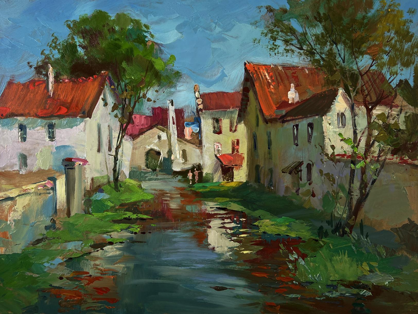 Oil painting Village stream by Yuriy Suprunchuk: impressionist European village by canal