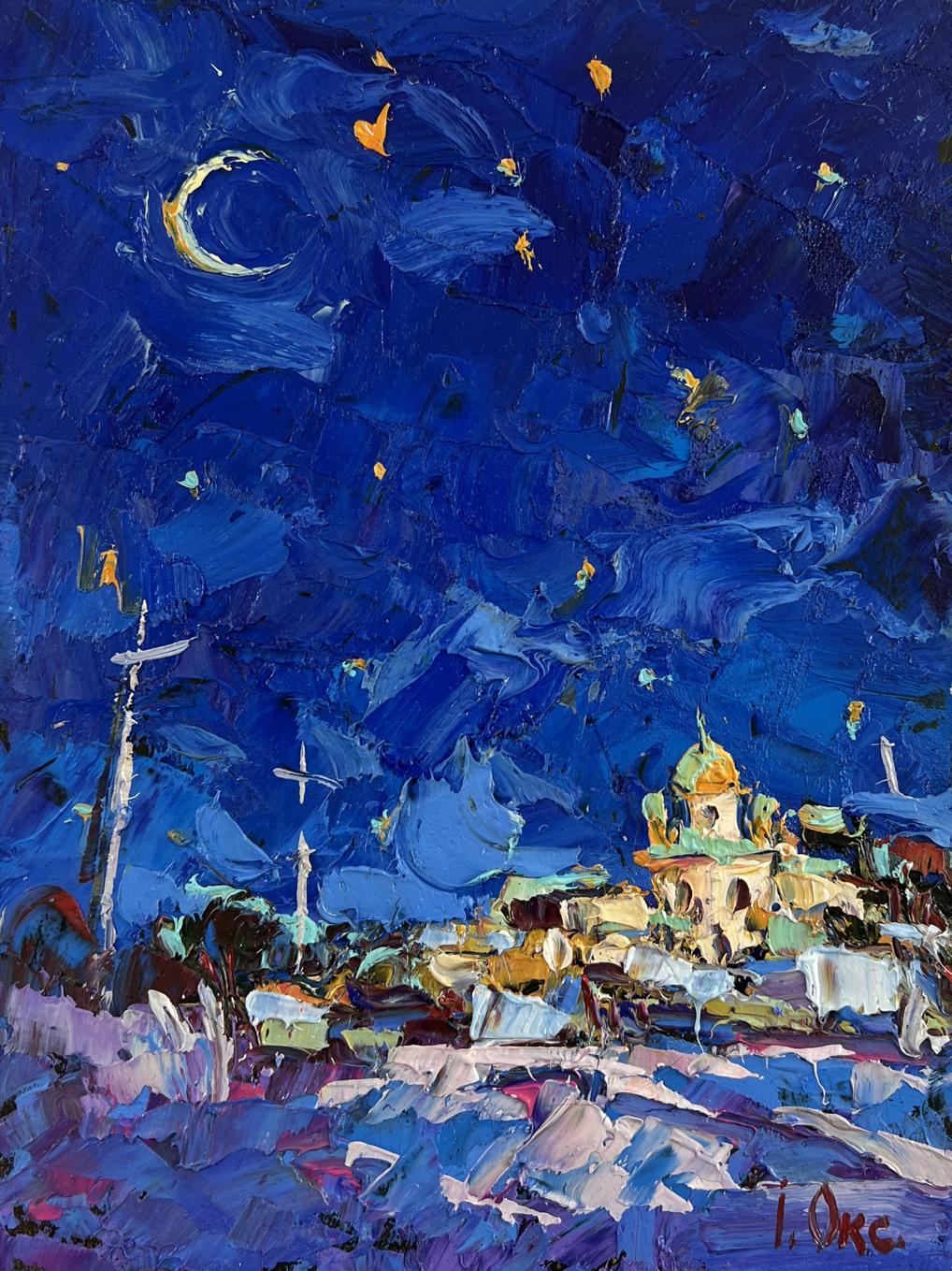 Vibrant blue oil painting by Oksana Ivanyuk: starry crescent moon over golden domes