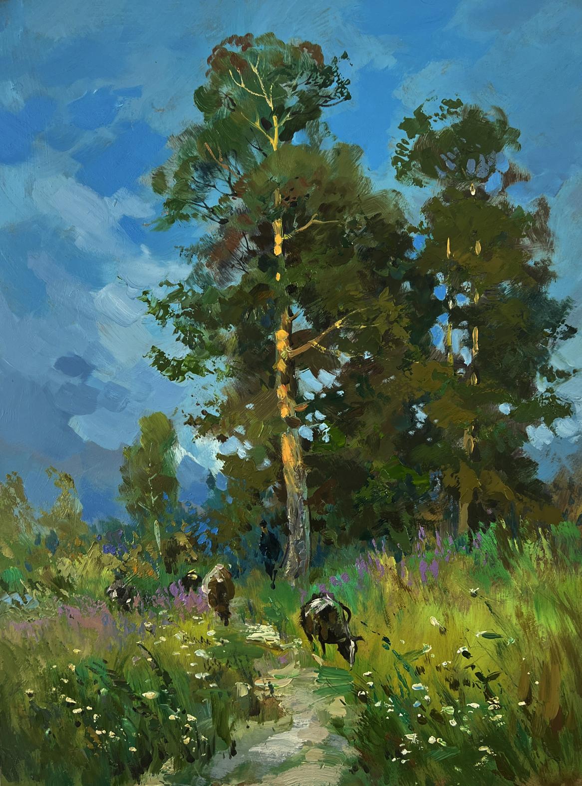 Oil painting of summer forest road with tall pine trees by Yuriy Suprunchuk
