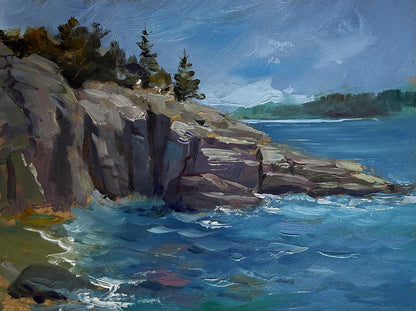 Textured oil painting by Yuriy Suprunchuk: Cloudy day at sea with rugged cliffs