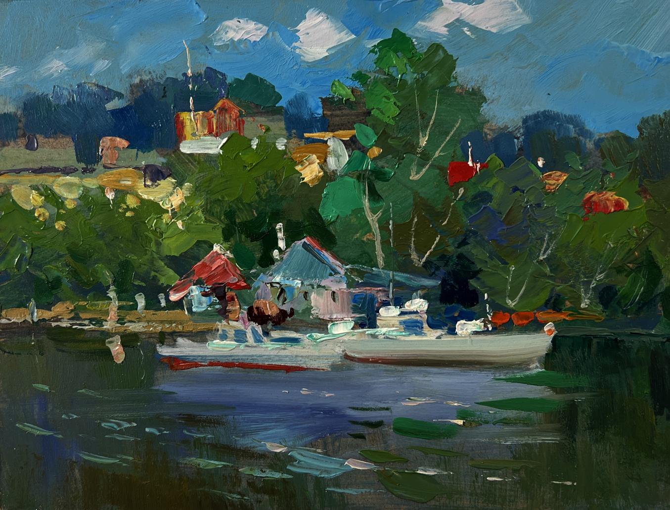 Vibrant impressionist oil painting of Yuriy Suprunchuk village boats on ferry