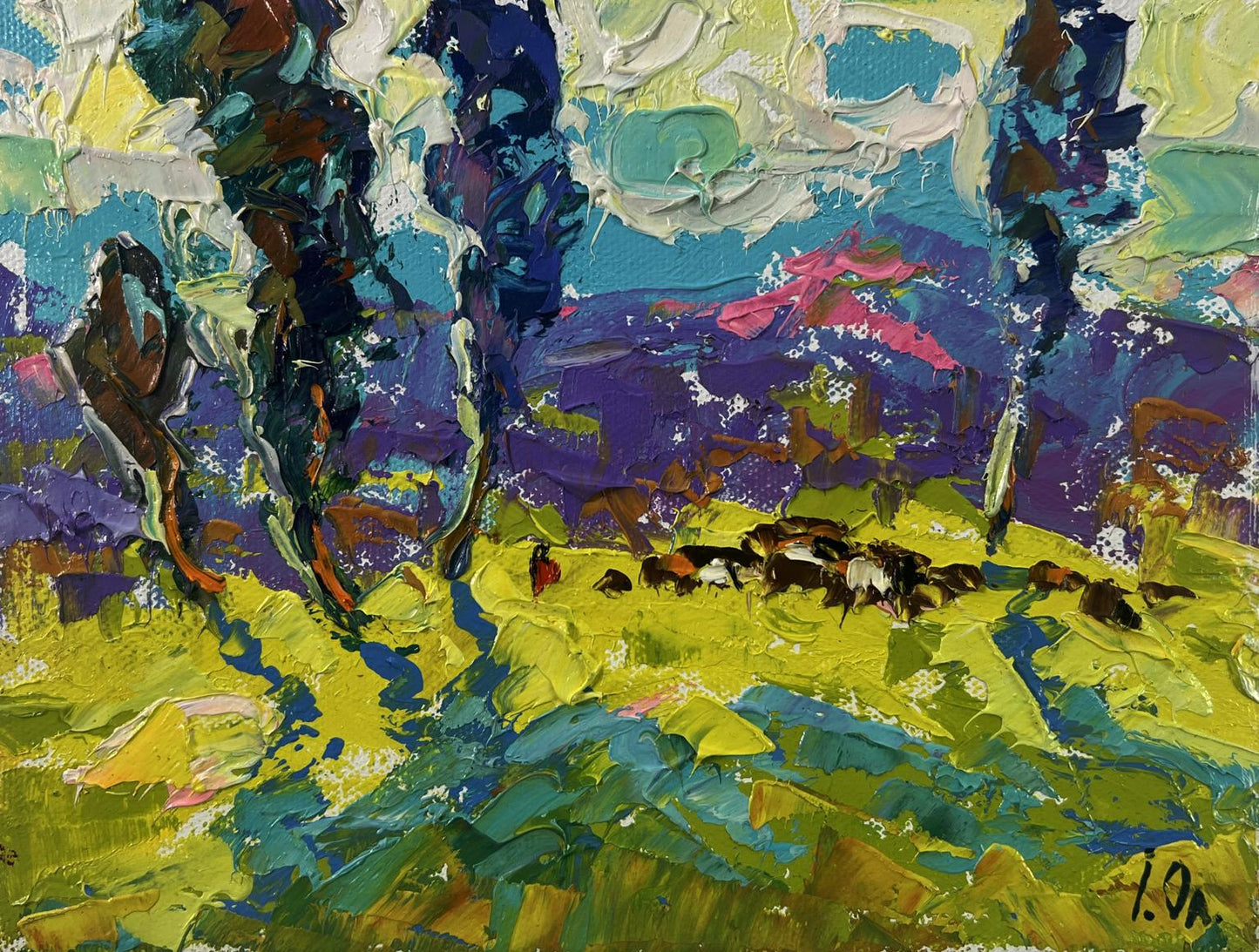 Vibrant impressionist oil painting Poplars above the path in fog by Oleksiy Ivanyuk
