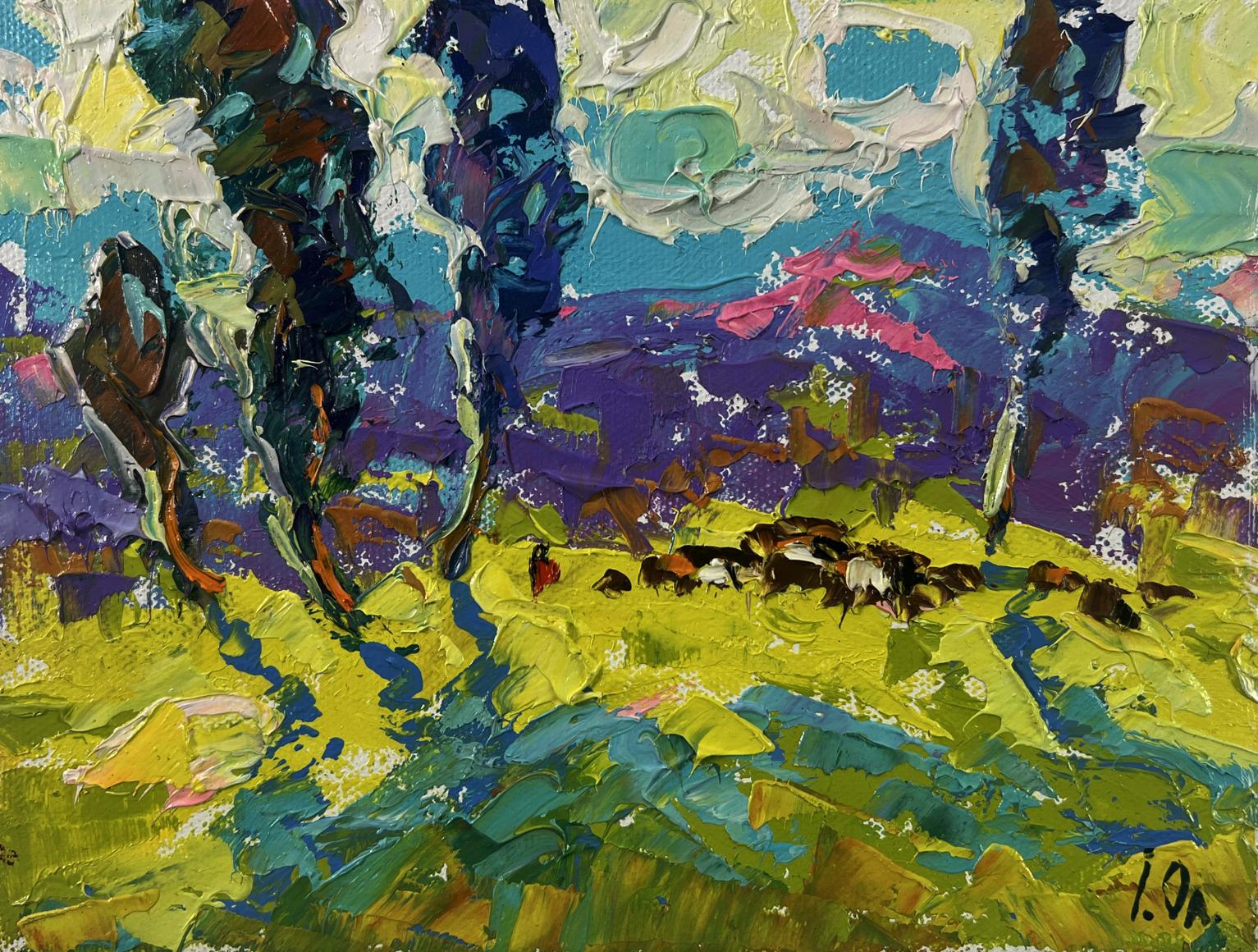Vibrant impressionist oil painting Poplars above the path in fog by Oleksiy Ivanyuk