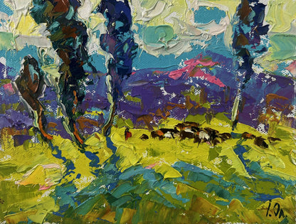 Vibrant impressionist oil painting Poplars above the path in fog by Oleksiy Ivanyuk