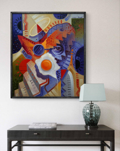 Vibrant Oil painting Quick breakfast by Sergiy Voichenko in black frame