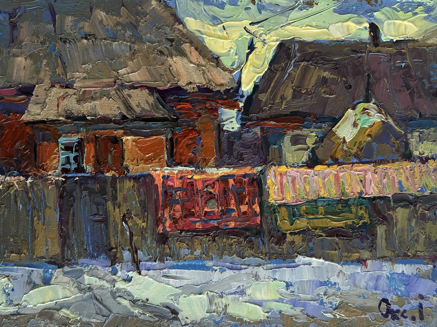 Oil painting Sunset behind rooftops by Oksana Ivanyuk rustic village scene