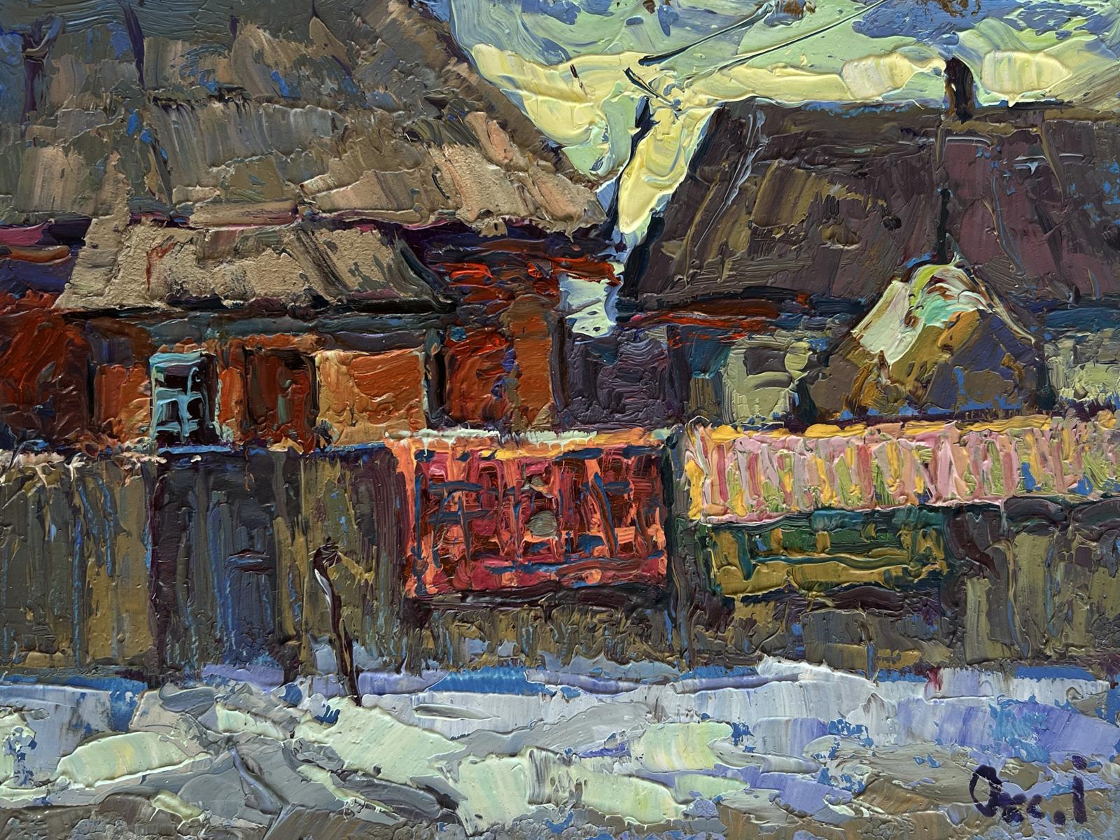 Oil painting Sunset behind rooftops by Oksana Ivanyuk rustic village scene