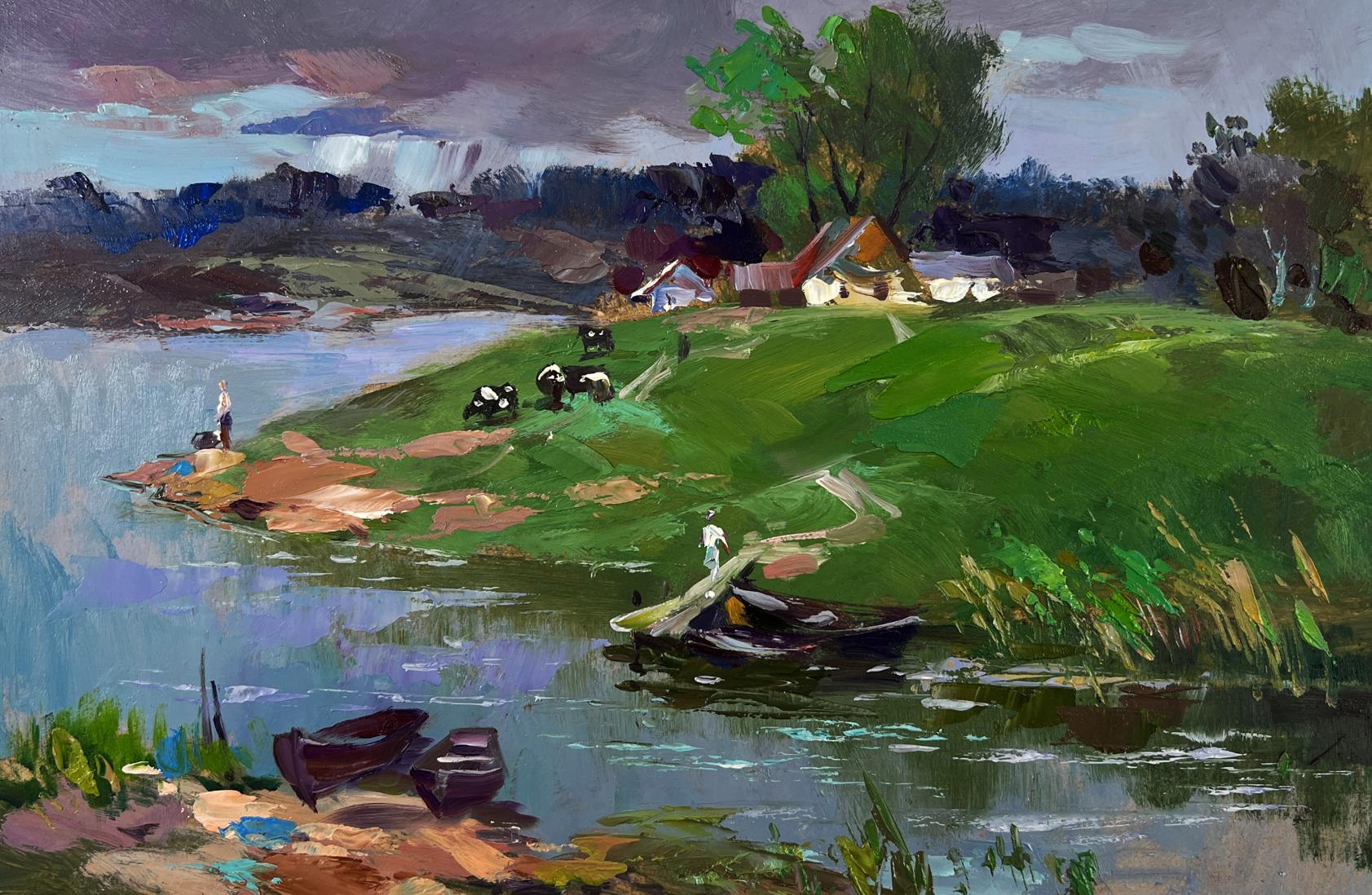 Vibrant impressionist oil painting by Yuriy Suprunchuk of riverside village