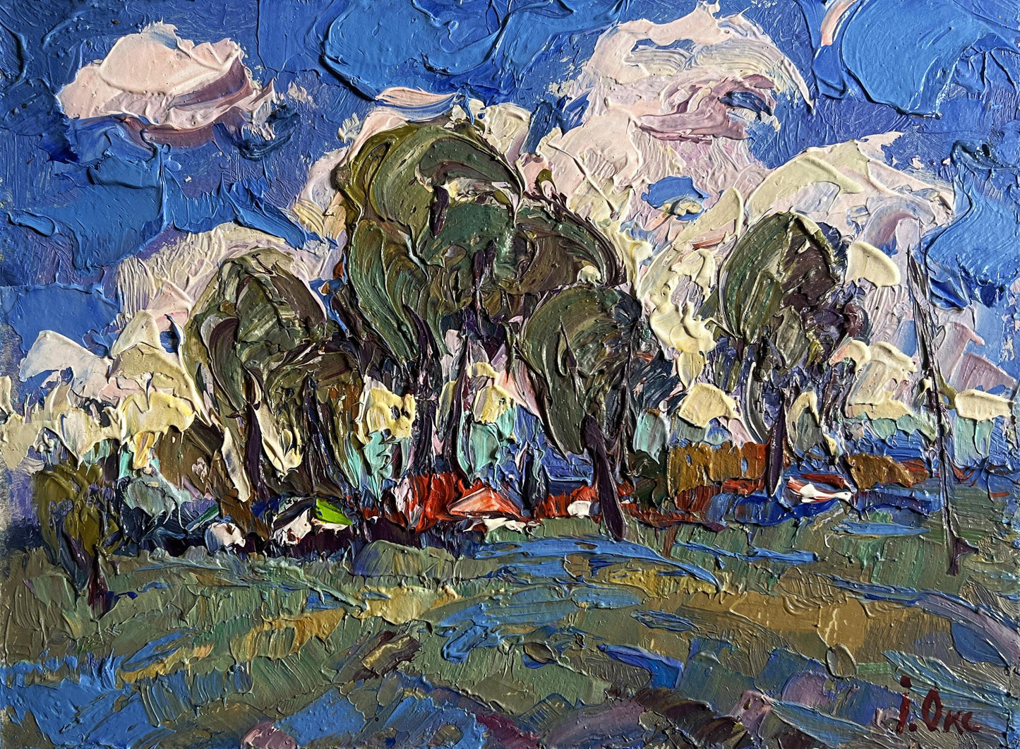 Vibrant impressionist oil painting by Oksana Ivanyuk of clouds over village