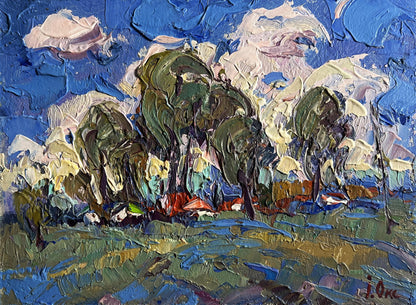Vibrant impressionist oil painting by Oksana Ivanyuk of clouds over village