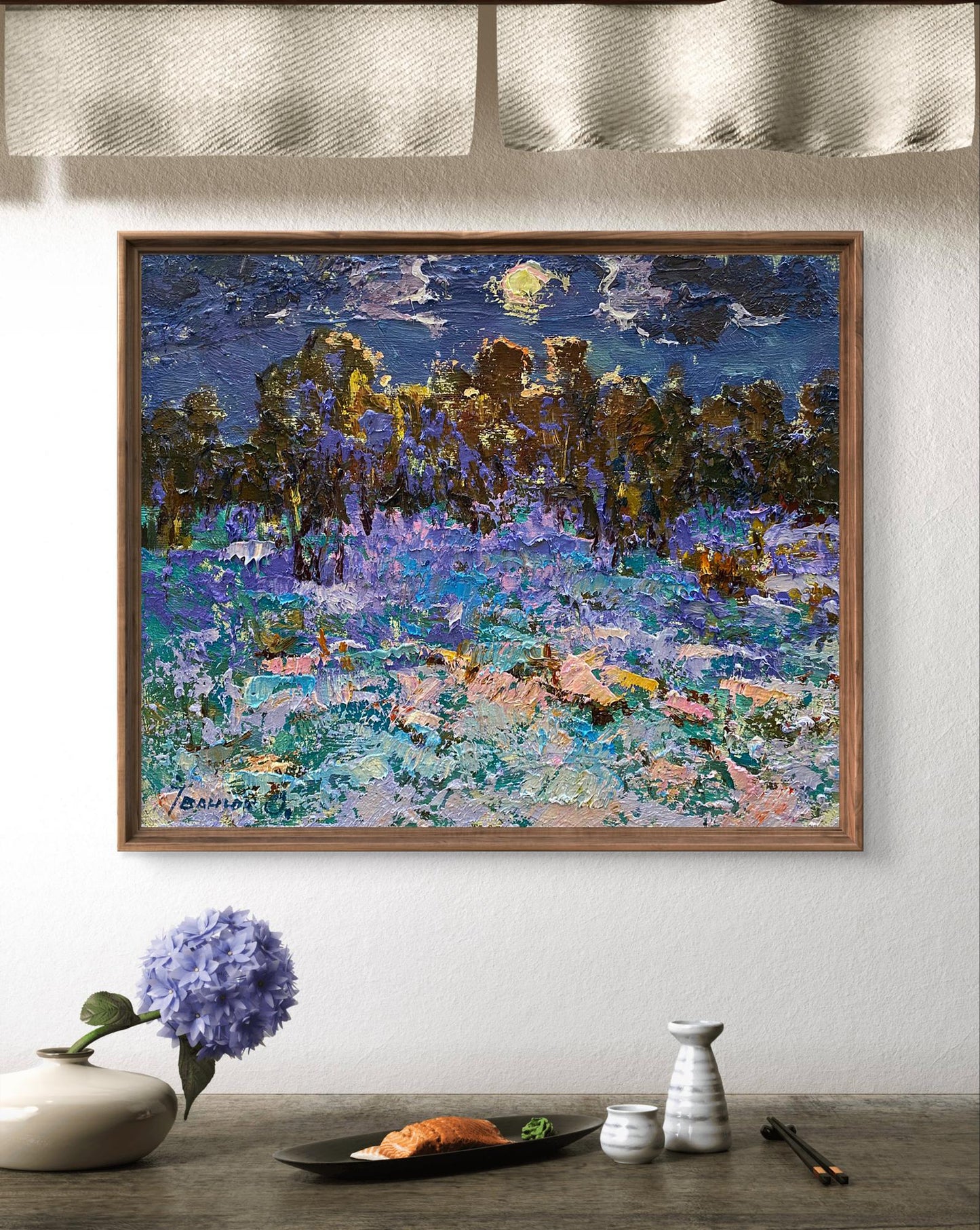 Framed Oil painting Moonlit night by Oleksiy Ivanyuk with purple flowers
