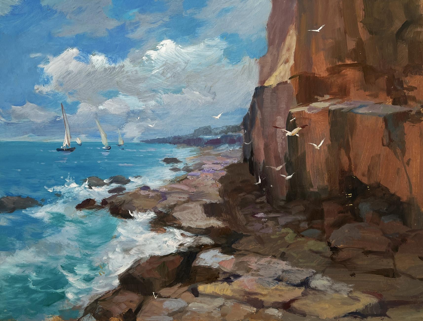 Oil painting Sailing towards a dream by Yuriy Suprunchuk vibrant coastal cliff scene
