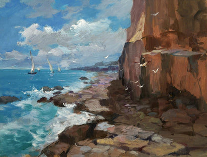 Oil painting Sailing towards a dream by Yuriy Suprunchuk vibrant coastal cliff scene