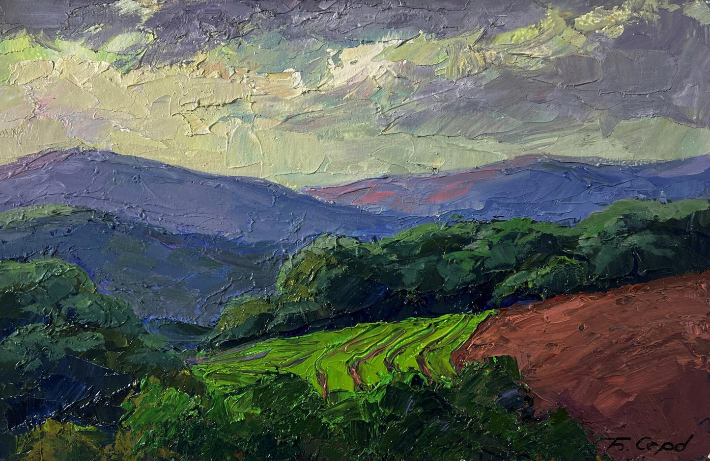 Oil painting Mountain Sunset by Boris Serdyuk: impressionist landscape