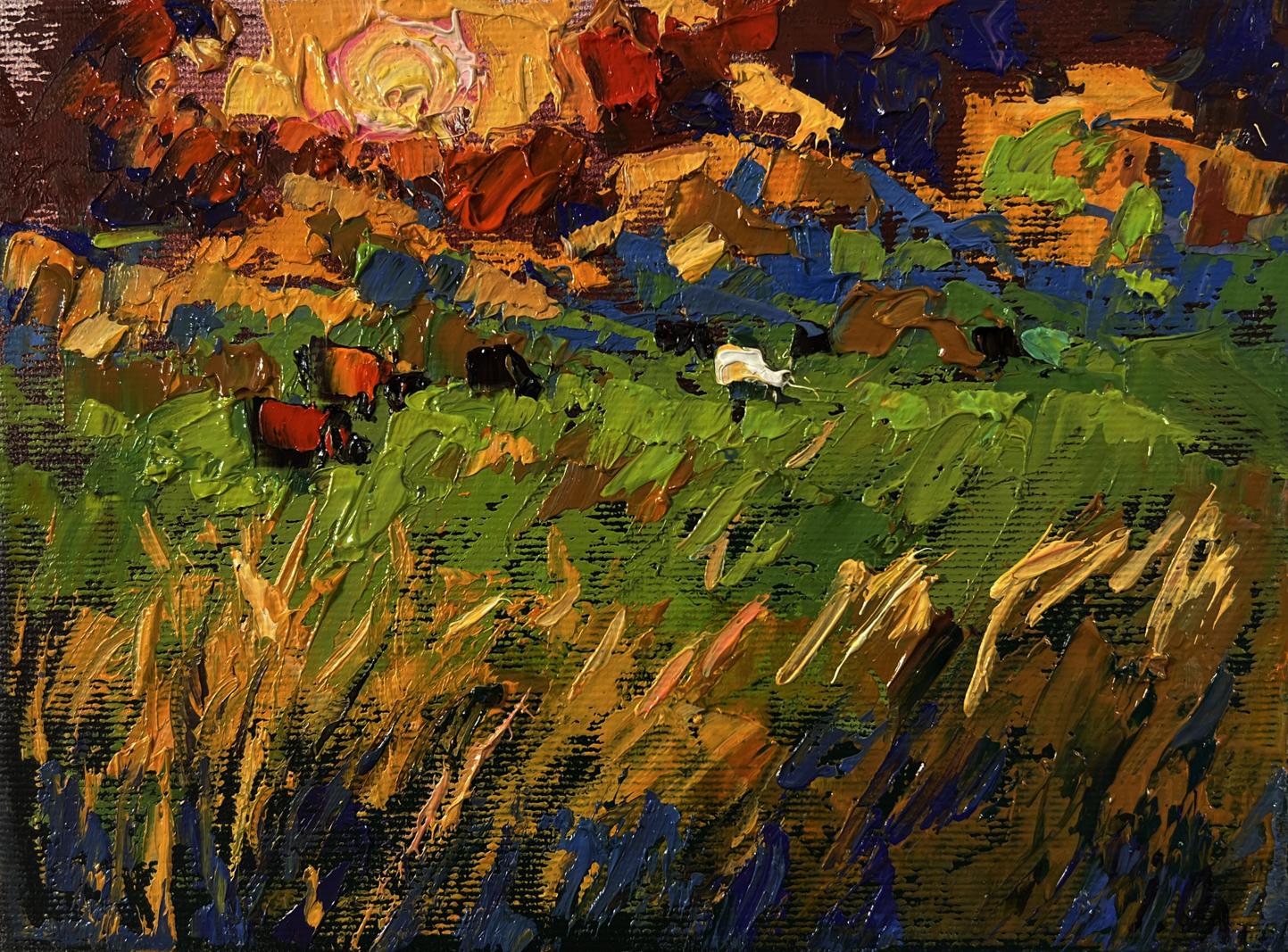 Vibrant Oleksiy Ivanyuk oil painting Sunset over meadows with grazing cattle