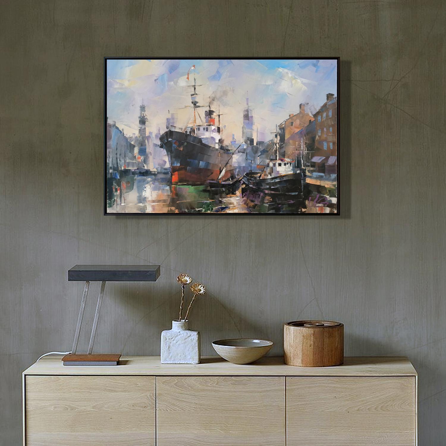 Framed Oil painting New contours by Volodymyr Gluhomanyuk harbor scene