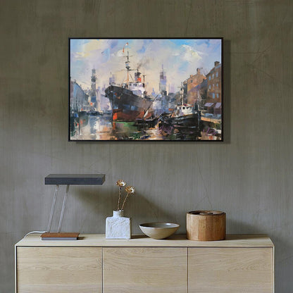 Framed Oil painting New contours by Volodymyr Gluhomanyuk harbor scene