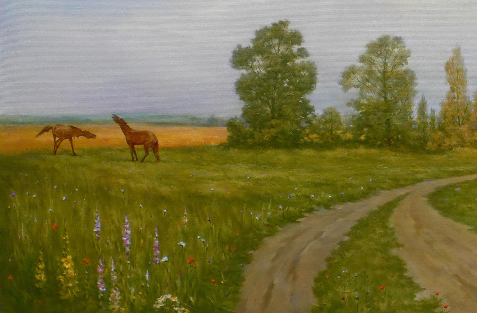 Serene oil painting of two brown horses grazing in sunlit meadow by Vasily Korkishko