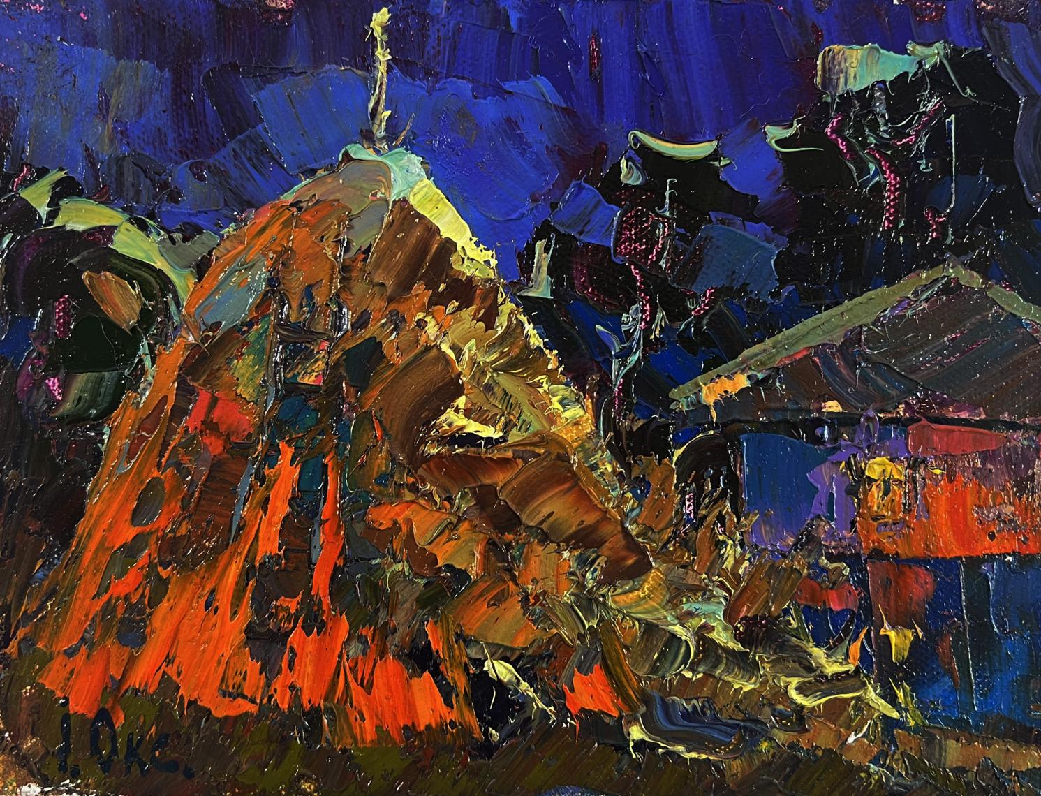 Oil painting by Oksana Ivanyuk: orange gold abstract mountain peak, twinkling stars, blue sky