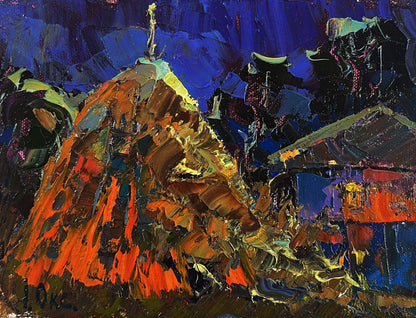 Oil painting by Oksana Ivanyuk: orange gold abstract mountain peak, twinkling stars, blue sky