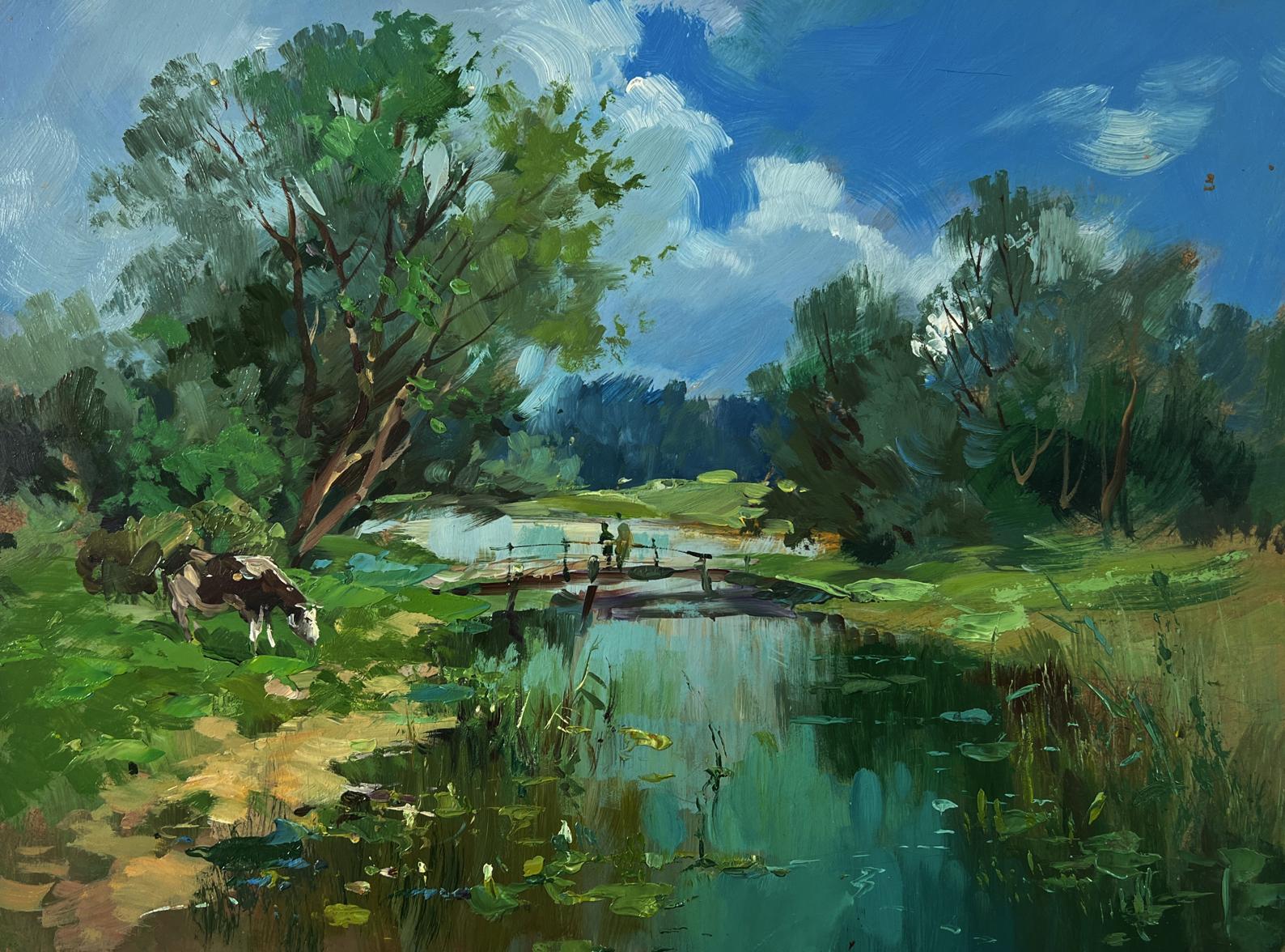 Serene cow grazing by pond in Yuriy Suprunchuk oil painting