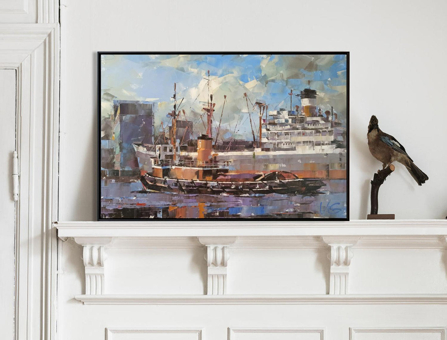 Oil painting of cargo ship and tugboat by Volodymyr Gluhomanyuk
