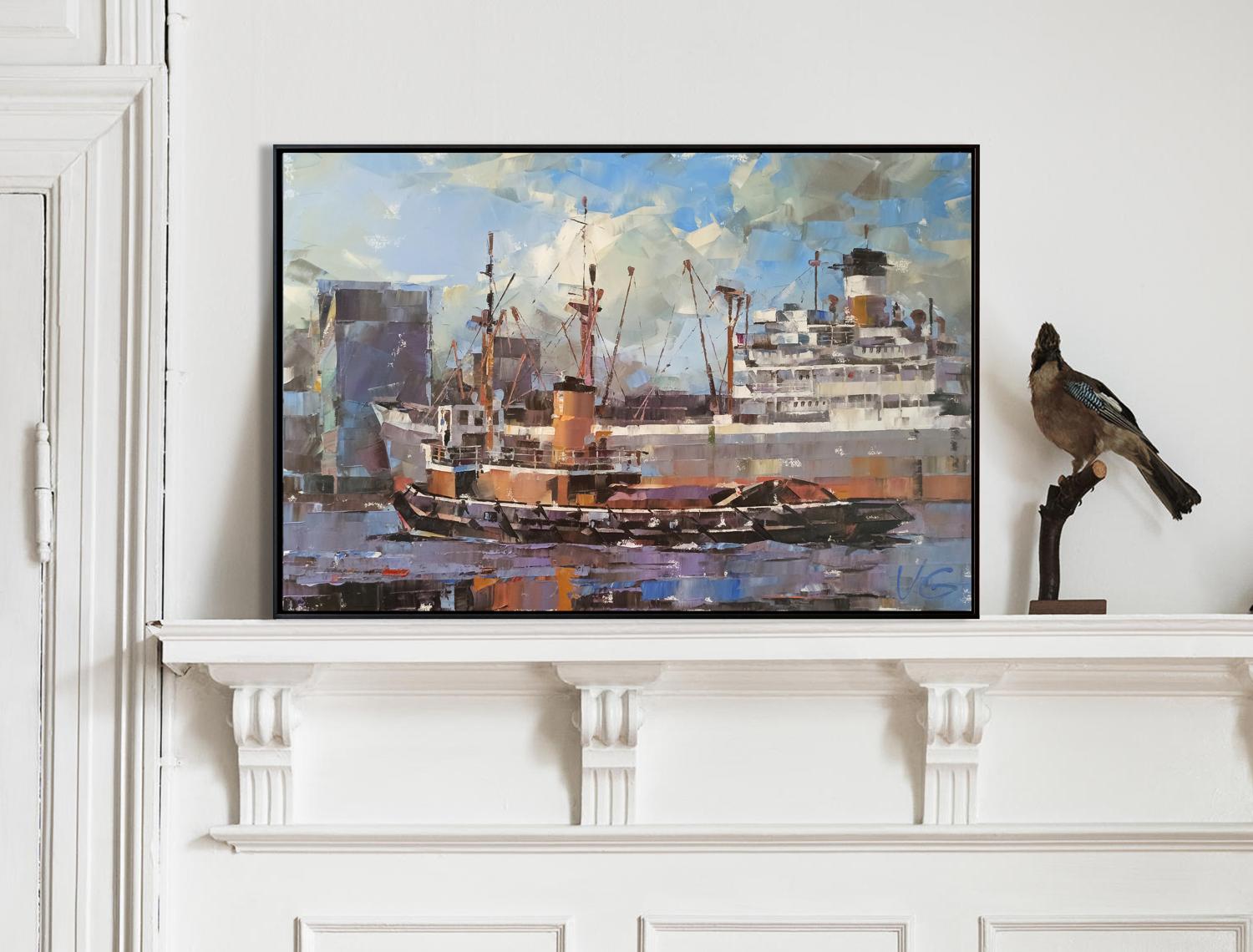 Oil painting of cargo ship and tugboat by Volodymyr Gluhomanyuk