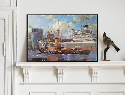 Oil painting of cargo ship and tugboat by Volodymyr Gluhomanyuk