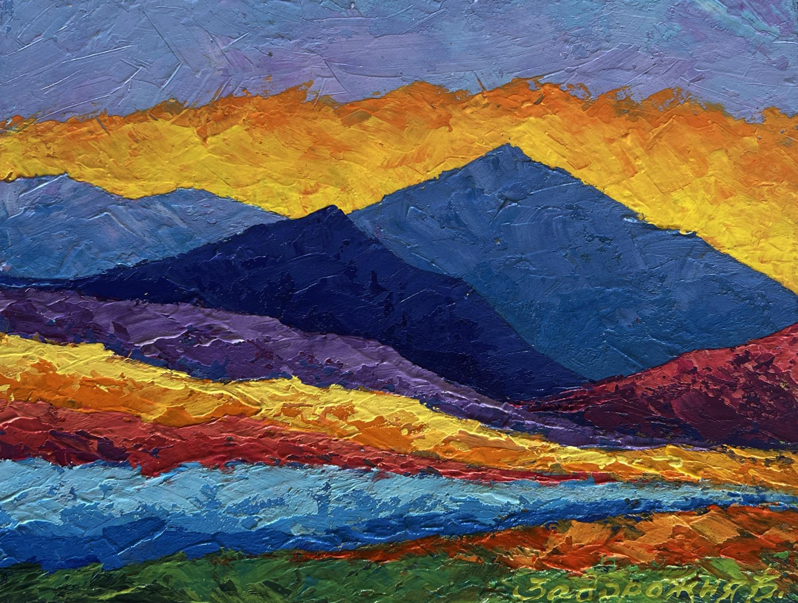 Vibrant impressionist oil painting of big mountains and sunset by V. Zadorozhnya